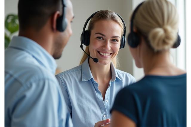 Friendly customer support representative assisting a client.